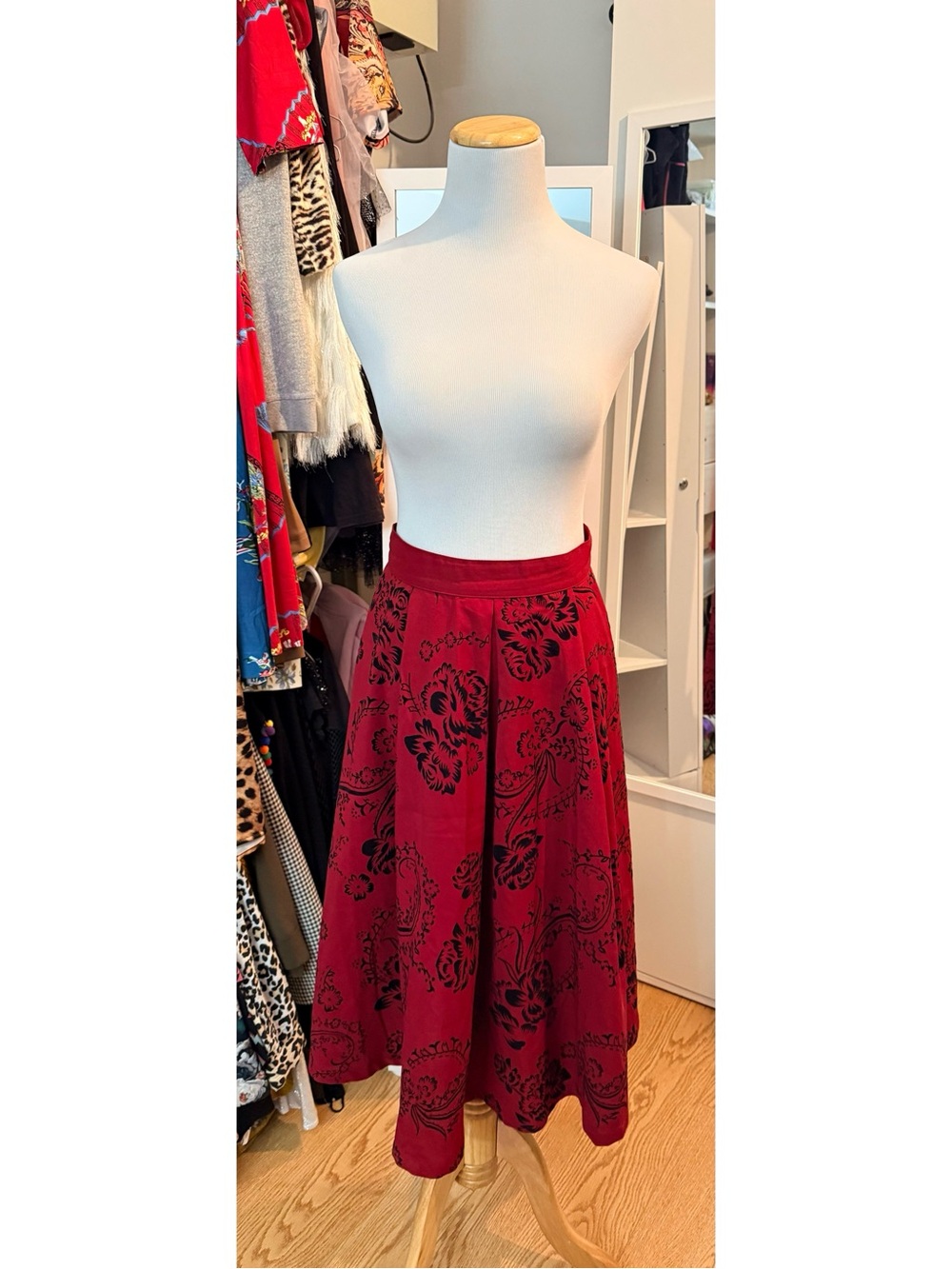Bettie Page Burgundy Swing Midi Skirt with Black Floral Print Size Medium